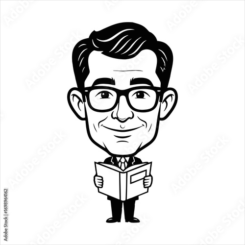 Cartoon illustration of a man reading a book.