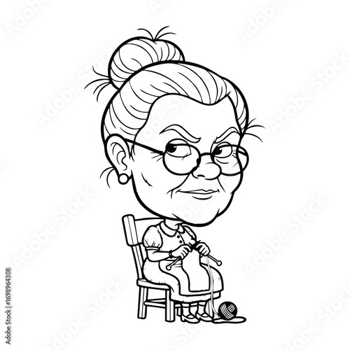 Elderly woman knitting yarn with serious expression.