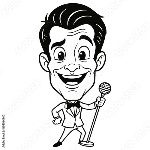 Happy cartoon man with microphone singing.