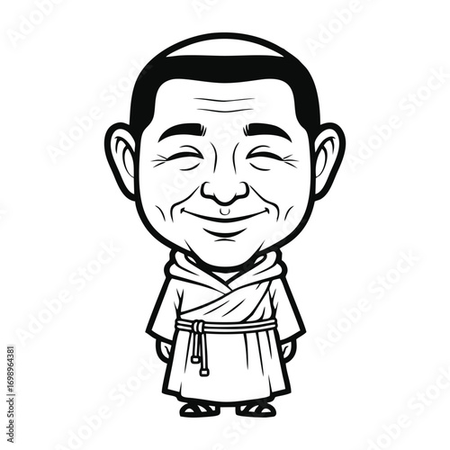 Smiling cartoon monk in simple robe.