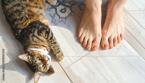 A tabby cat lies on a light wood floor beside a pair of feet with light brown nails.