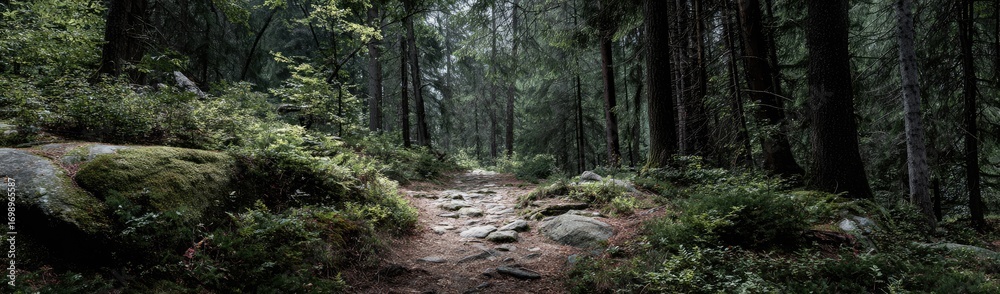 Fototapeta premium Misty forest path winds through dense woods. Rocks and moss cover the ground