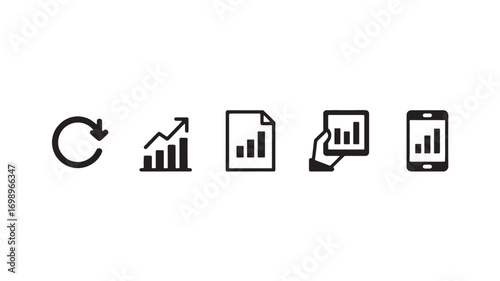 Five icons representing data progress analysis and mobile access