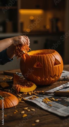 A person's hands are actively scooping out fibrous pulp and seeds from inside a carved pumpkin on a rustic wooden table, surrounded by newspaper and pumpkin scraps with warm ambient lighting in the.