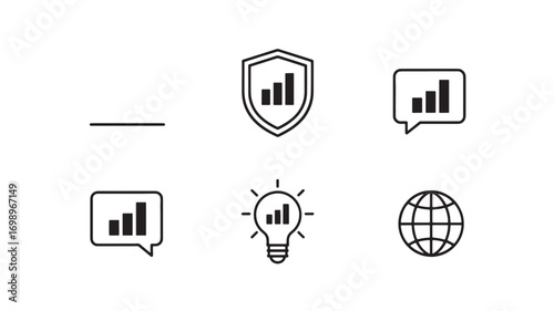 Set of six minimal line icons representing growth security communication and global ideas