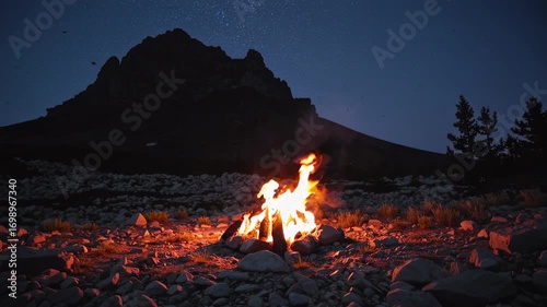 A low-angle video captures a campfire under a starry night sky, set against a mountainous backdrop, creating a serene and adventurous atmosphere.