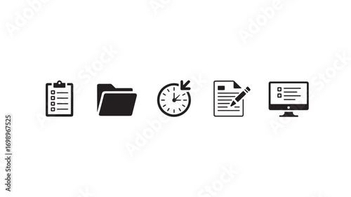 Checklist folder time management document and computer screen icons for project management and productivity
