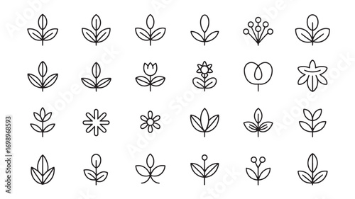 Collection of minimalist floral and leaf icons perfect for logos branding and design projects