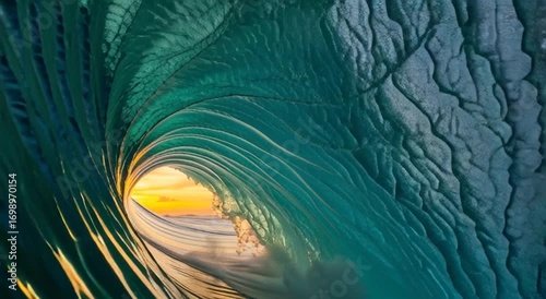 A large ocean wave curling with the sun setting in the background casting golden light on the water