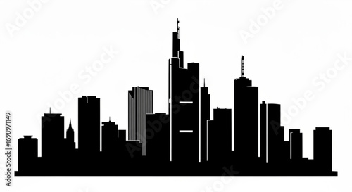 Silhouette of a cityscape with various buildings and skyscrapers against a white background in a skyline view created with generative ai