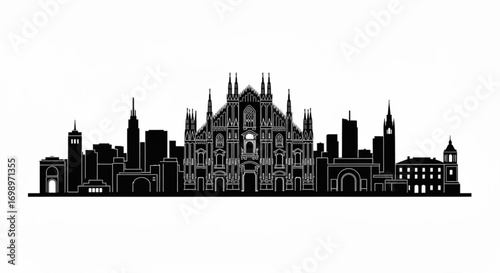 Black silhouette of the milan skyline with the duomo di milano as a central focus point created with generative ai