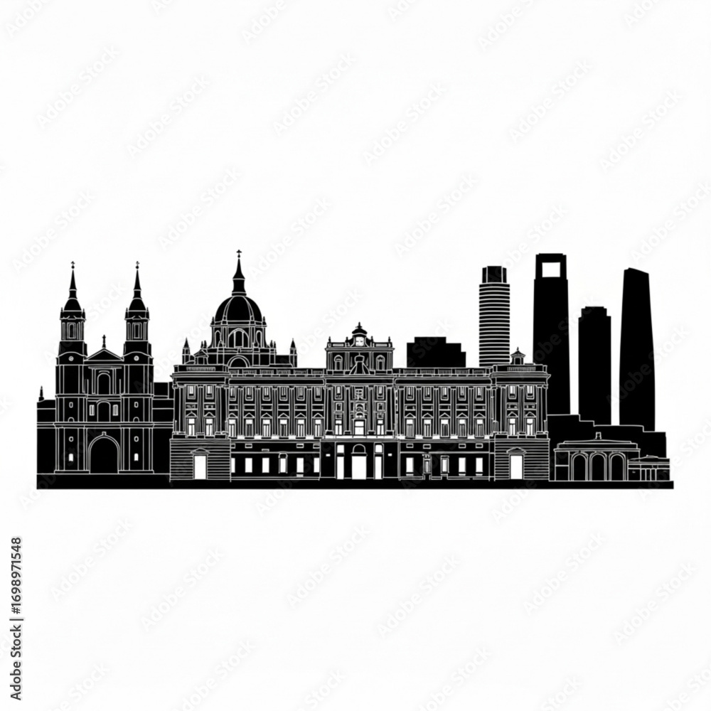 Obraz premium Black and white skyline silhouette featuring a cathedral, palace, and modern skyscrapers in the distance created with generative ai