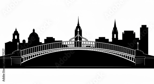 Silhouette of a city skyline with a bridge spanning across the foreground in black and white vector art created with generative ai