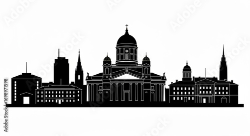 Silhouette of helsinki skyline featuring prominent buildings and architectural landmarks in black and white created with generative ai