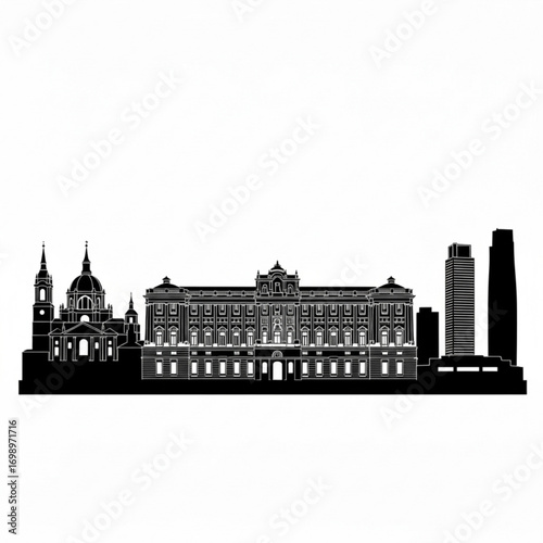 Black silhouette of a city skyline with cathedral palace and skyscrapers on a white background view created with generative ai