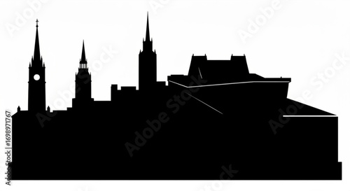 Silhouette of a city skyline featuring various buildings with spires and architectural details visible afar created with generative ai