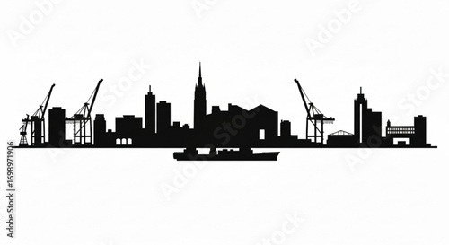 Silhouette of a city skyline with cranes buildings and a ship in black and white landscape view design created with generative ai