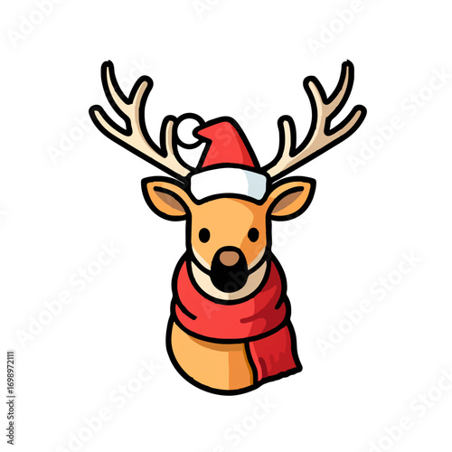 Festive Reindeer Wearing Santa Hat and Scarf for Christmas

