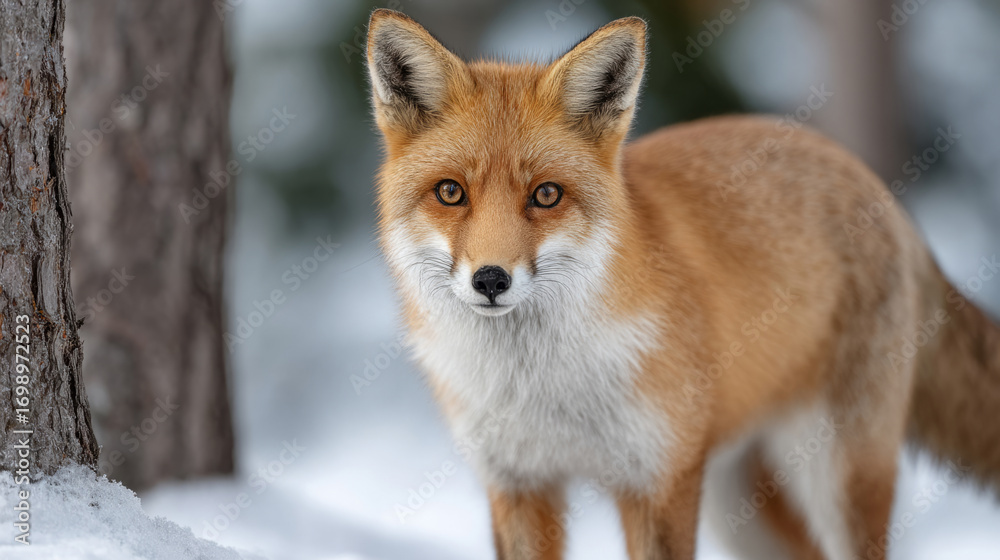 Fototapeta premium Red fox in snowy forest setting amidst trees