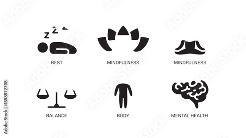 Mindfulness rest balance and body Icons representing mental and physical wellbeing