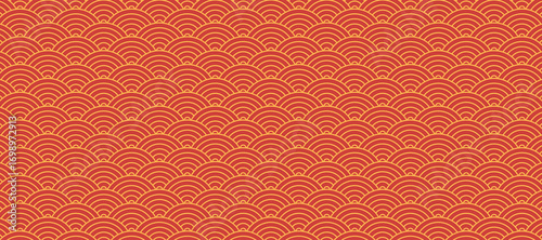 Elegant cartoon illustration of a traditional Japanese red geometric seamless pattern, symbolizing oriental art, culture and textile design