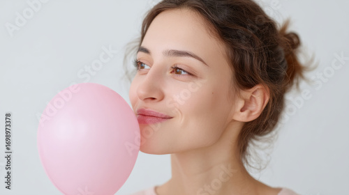 Healthy lung month concept with woman relaxing and breathing near pink balloon