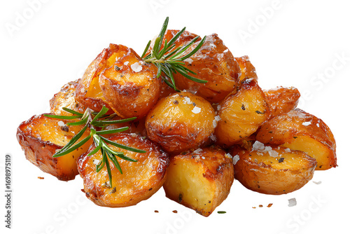 A pile of crispy, golden-brown roasted potatoes (Patate al Forno), seasoned with rosemary and finished with a sprinkle of coarse sea salt. Isolated.