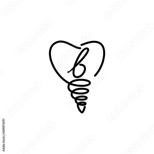 Minimalist line art logo featuring the letter "B" inside a tooth shape with a dental implant base, symbolizing modern dentistry and implant care.