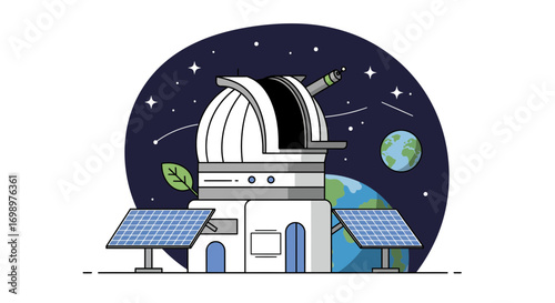 Illustration of observatory with telescope, solar panels, earth and stars against dark night background, concept for space exploration, science education and sustainable energy solutions