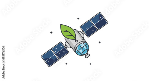 Stylized satellite illustration with a green leaf attached, featuring solar panels and earth globe. Concept for environmental monitoring, eco technology and sustainable innovation