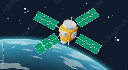 Vector illustration of satellite orbiting the earth in space with stars background. Concept for space exploration, global communication and satellite technology development