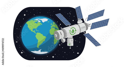 Stylized Earth view with clean energy satellite with solar panels in space, concept for environmental protection, sustainable technology and renewable resources