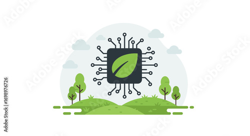 A leaf-shaped chip on a green landscape with trees and clouds, illustrative style. Concept for green technology, environmental sustainability and eco-friendly innovation