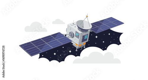 Stylized illustration of a satellite with solar panels against a backdrop of space and clouds, concept for space exploration, telecommunications technology and scientific research