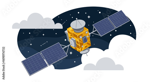 Illustration of a satellite orbiting in space with stars and clouds background, concept for space exploration, communications technology and weather forecasting