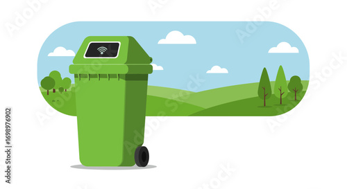 Illustration of green smart trash can with wifi icon set against idyllic landscape. Concept for waste management systems, internet of things in public spaces and environmental sustainability