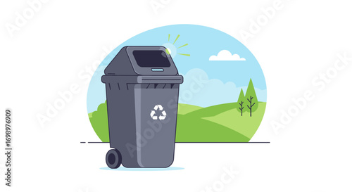 Illustrated gray garbage bin with recycling symbol on a sunny day backdrop. Concept for waste management, environmental protection and sustainable living