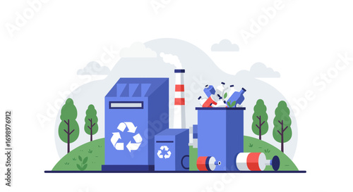 Illustration of a recycling plant with bins, bottles and cans surrounded by trees and greenery, concept for environmental protection, sustainable resource management and waste sorting