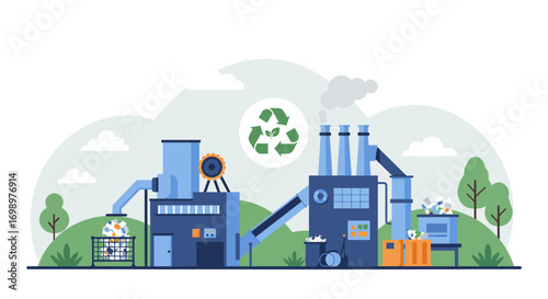 Stylized illustration of a recycling factory processing waste with green recycle logo, concept for environmental awareness, sustainable manufacturing and ecological responsibility