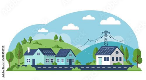 Illustration of houses with solar panels on roofs with green hills and blue sky. concept for renewable energy promotion, ecological lifestyle awareness and sustainable communities designs