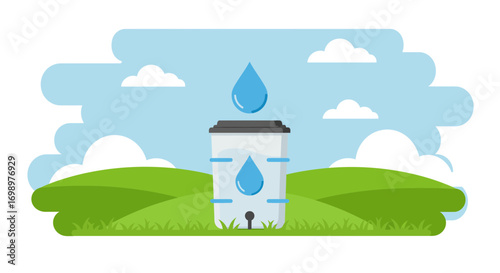 Cartoon style water tank on green hills with blue sky and clouds, concept for water conservation, sustainable living and environmental awareness