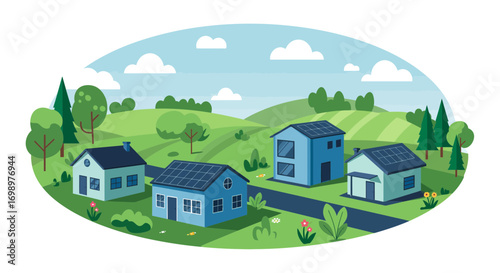 Cartoon illustration of houses with solar panels in green landscape, concept for renewable energy, sustainable living and eco-friendly community