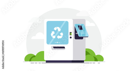 Isolated illustration of reverse vending machine with recycle icon on display, concept for waste management, environmental awareness and sustainable initiatives