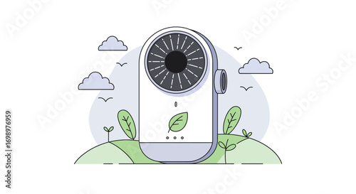 Modern air purifier with leaf symbol on a green hill illustration, concept for promoting clean indoor air, eco-friendly technology and sustainable lifestyle