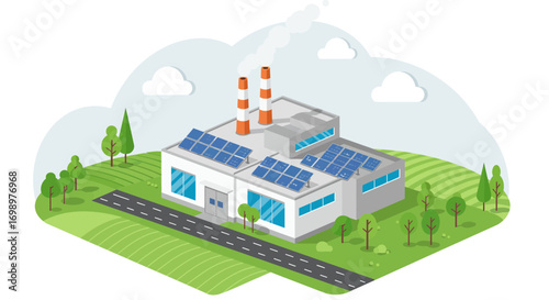 Isometric illustration of factory building with solar panels and green landscape around it. Concept for sustainable development, renewable energy source and environmental protection