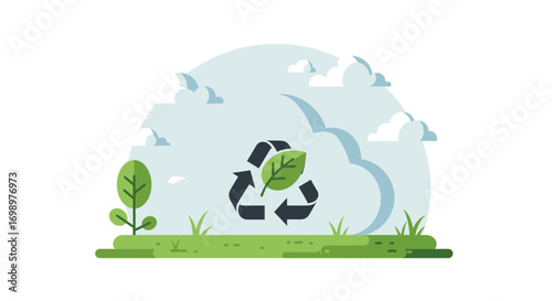 Stylized illustration of a recycling symbol with leaf against a cloudy sky and green grass, concept for environmental awareness, sustainable practices and eco-friendly lifestyle