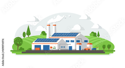 Illustration of factory building with solar panels on the roof and two trucks, surrounded by green hills. Concept for sustainable energy, green technology and eco-friendly manufacturing