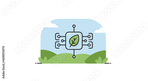 Abstract illustration featuring a leaf encased in a tech circuit on green hills with light blue sky, concept for sustainable technology, eco-friendly innovation and environmentally conscious