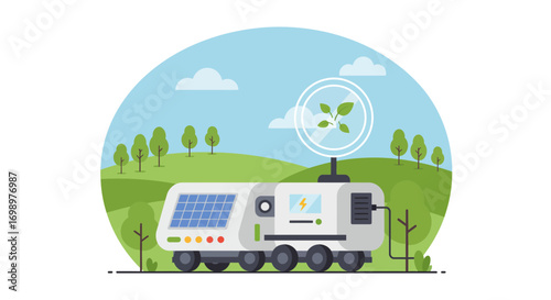 Illustration of a futuristic, solar-powered vehicle in a green landscape, antenna with plant inside. Concept for eco-friendly technology, sustainable energy solutions and environmental awareness