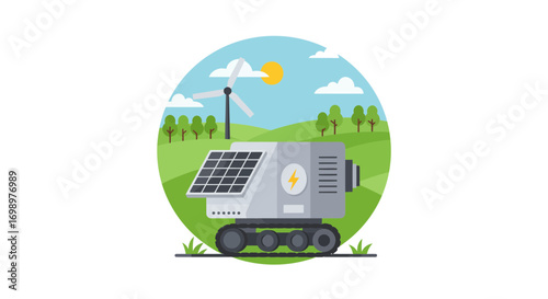 Illustrated robot powered by solar panel and wind turbine in a green landscape, concept for sustainable energy, innovative solutions and environmental technology